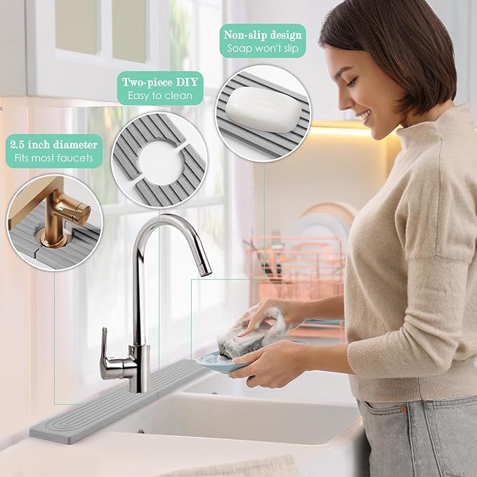 Stone Faucet Mat for Kitchen Sink, Diatomite Drying Stone Tray & Sink Protector, Water-Absorbing Splash Guard, Prevent Moisture on Kitchen & Bathroom Counter (Light Grey,23.6" x 3.9")