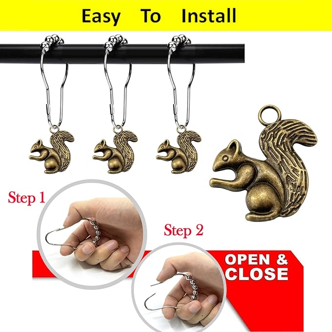 ZILucky12 Pcs Squirrel Shower Curtain Hooks, Stainless Steel Rustproof, Shower Curtain Rings, Minimalist Modern Decorative Design (Bronze-Squirrel)