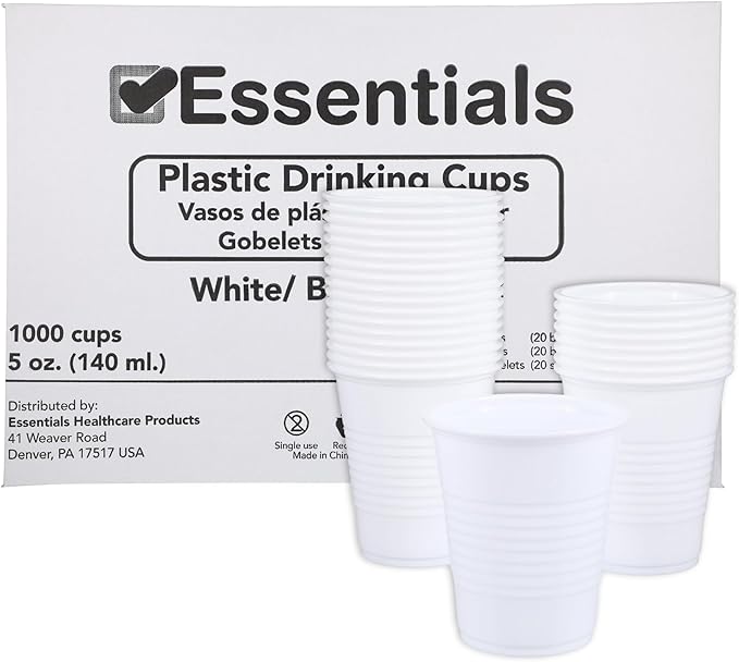 Essentials Healthcare Products Plastic Drinking Cups - Full Case of 1000 Cups - White 5 oz Disoposable Cups for Cold Beverages, Parties, Office, or Medical Use - Durable & Convenient