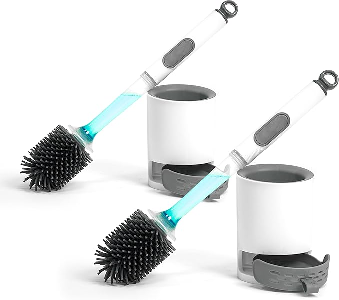 Silicone Toilet Brush and Holder Set, 2 Packs Bendable Toilet Scrubber for Curved Rim, Non-Scratch Drip-Resistant Brush with Sprayer, Space Saving Bathroom Essentials (2)
