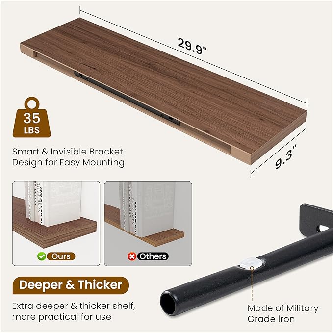 Fun Memories Floating Shelves for Wall, 30 Inch Rustic Wood Wall Mounted Shelves for Bathroom, Bedroom, Kitchen, Living Room, Deep Floating Shelves for Storage & Home Decor (Walnut, Set of 2)