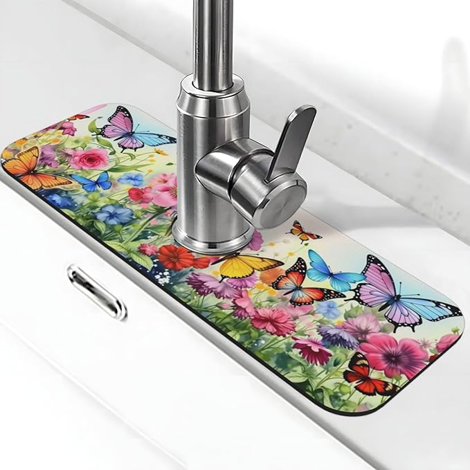 Butterfly Floral Garden 15" X 5.5" Kitchen Sink Splash Guard, Faucet Guard Draining Mat, Faucet Suction Pad For Kitchen Bathroom