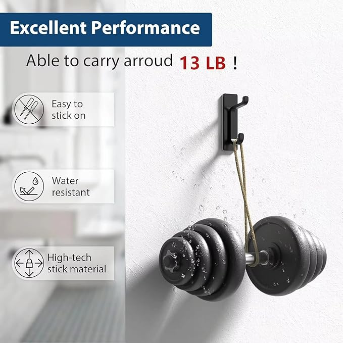Quik D Heavy Duty Adhesive Wall Hooks for Hanging (4 Pack) — Waterproof & Rustproof Double Hooks, No Drilling Stick On Hooks for Bathroom, Kitchen, Door, Coat, Towel, Keys & Robes (4)