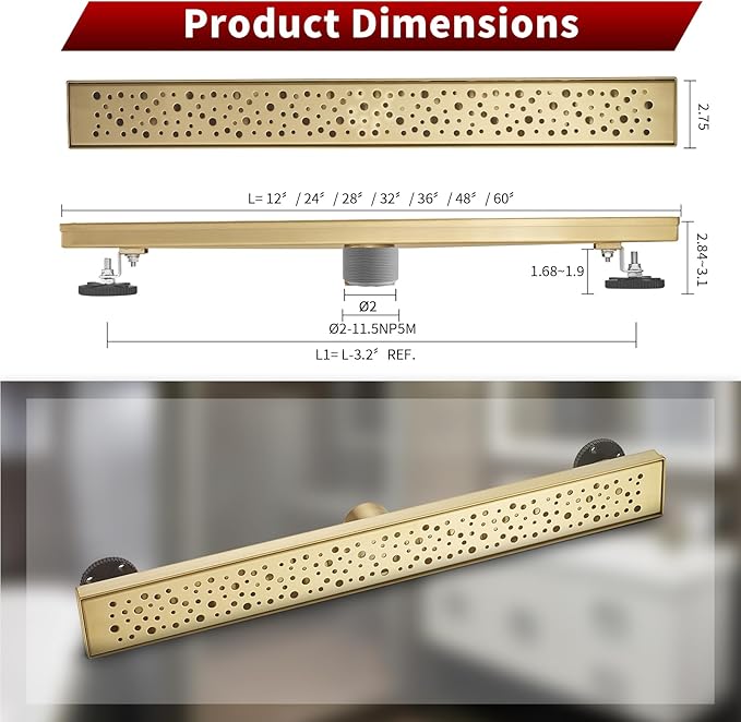 Sharp-tec 32 inch Linear Shower Drain, Gold Rectangular Floor Drain, V-Shape Design Drain Channel, 304 Stainless Steel, cUPC Certificated for Bathroom Shower Room (Drain Base is Not Included)