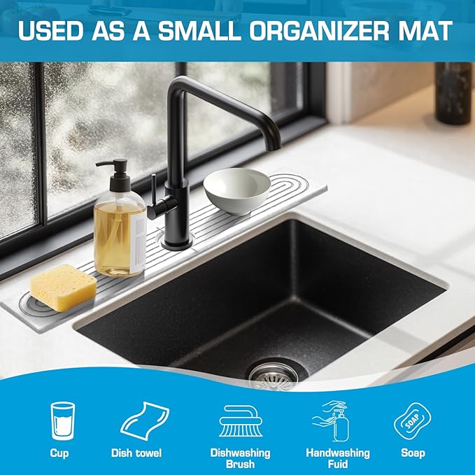 Faucet Mat for Kitchen Sink, Diatomite Quick Drying Tray , Long 23.6'' Kitchen Sink Splash Guard and Bathroom Stone Tray for Counter. Super Absorben. (White-Rectangle, 23.6" x 4")