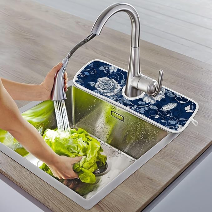 2 PCS Kitchen Sink Splash Guard 23.6 Inch Faucet Mat for Kitchen Sink Bathroom Sink Faucet Absorbing Drip Drain Mat Pad Microfiber Soft Washable Navy Blue Roses and Butterflies