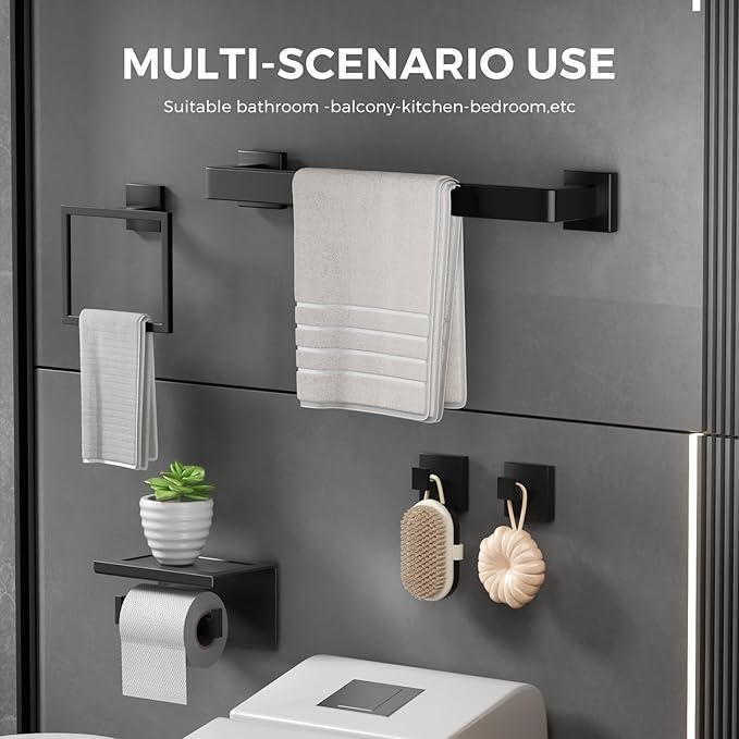 Matte Black Bathroom Hardware Accessories Set of 5 Pieces, 15.6 Inch Bath Towel Bar Set, 304 Stainless Steel Bathroom Hardware Set, Towel Racks for Bathroom Wall Mounted