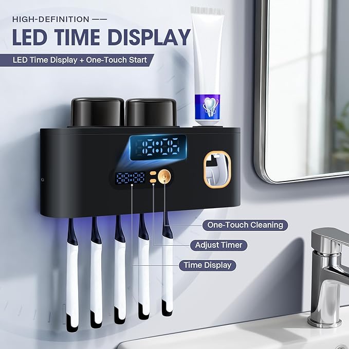 Toothbrush Holders Cleaner & Dryer for Bathroom,LXIANGN Smart Wall Mounted Toothbrush Holders with Countdown LED Screen,5 Toothbrush Slots,2 Cups and Toothpaste Dispenser (Black)
