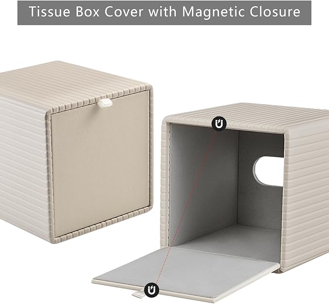 PU Leather Tissue Box Cover Square Tissue Box Holder for Bathroom Vanity Countertop Night Stands Bedroom Office Desk,Modern Tissue Decorative Organizer with Magnetic Closure (Beige)