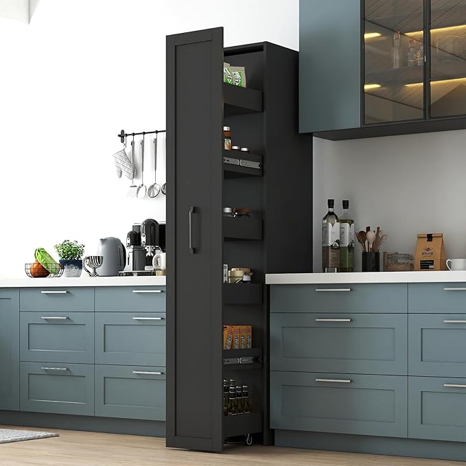 JOYSOURCE Tall Narrow Pull-Out Storage Shelf with Wheels 6-Tier Slim Rolling Storage Next to Fridge Spice Rack Shelves for Small Spaces, Kitchen, Laundry Room, Bathroom Black