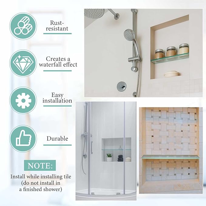 2 Pcs 3-3/8" x 12" 3/8" Thick Tempered Glass Shelf Clear Flat Polished, Flush-Mounted Floating Shelf for Bathroom Essentials & Shower Niche No Mounting Hardware Required