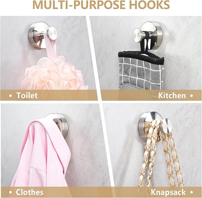Towel Hook Shower Suction Hooks Towel Hanger for Bathroom Hanging Coat, Robe, Removable Wall Mounted Hook for Bedroom Kitchen Hotel Pool Brushed Nickel(4-Pack)