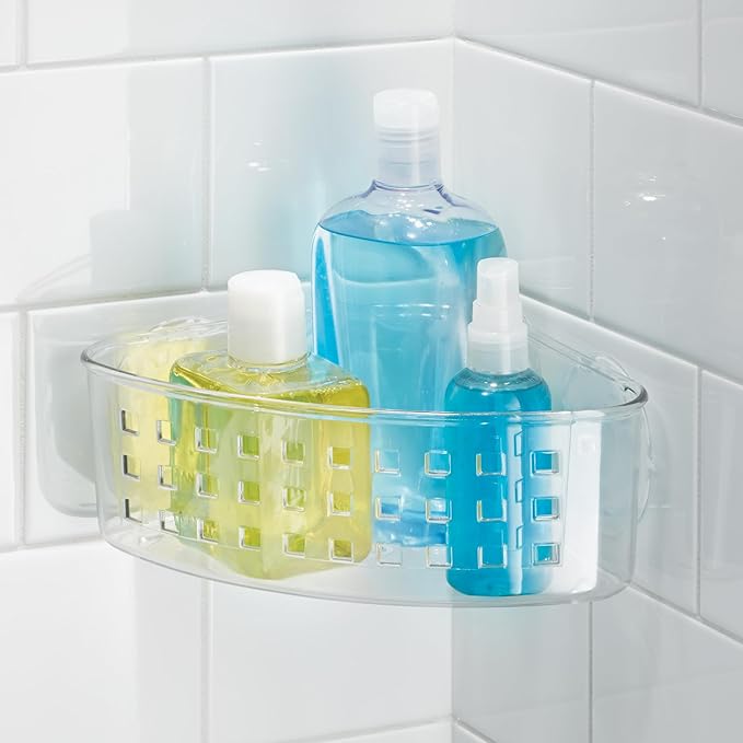 iDesign Plastic Suction Cup Corner Shower Basket for Bathroom Storage, Set of 2, Clear, Made in USA