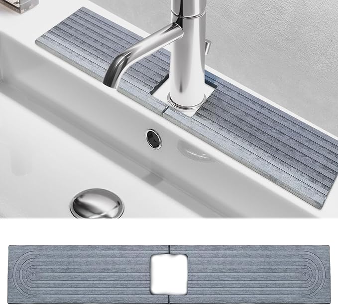 Faucet Mat for Kitchen Sink, Stone Faucet Mat for Kitchen Sink Tray 17.71*3.94*0.35in Square Hole Prevents Moisture Buildup Suitable for Bathroom Countertop Faucet Around Sink Light Gray