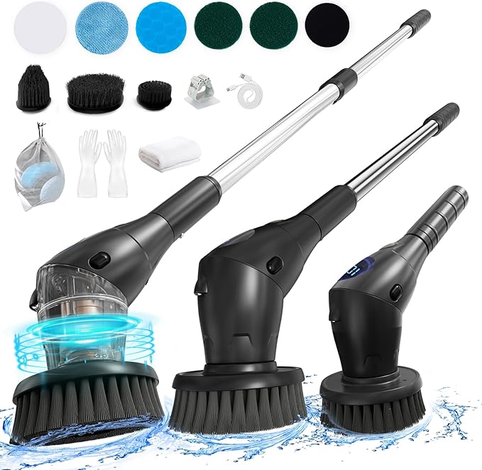 Electric Spin Scrubber, Asknoon Upgraded Power Cordless Shower Scrubber, 8 Replacement Heads, 1.5H Adjustable Bathroom Scrubber 3-Speed Up to 460 RPM with Extension Arm for Bathtub Tile Floor (Black)