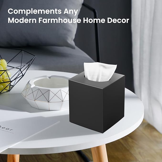 Tissue Box Cover, Square Facial Acrylic Tissue Box Holder with 2 Pack Clear Qtip Holder Dispenser, Bathroom Vanity Dresser Night Stand Essentials Accessories Decor, Modern Farmhouse Decor,Black