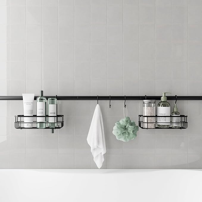 Zenna Home Bathroom Organizer Shower Caddy, Adjustable Horizontal Tension Pole Between Wall Shower Storage System with 2 Baskets and 3 Hooks, 26 to 76 Inch, Matte Black