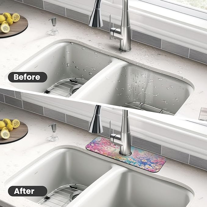 Charming Floral Garden 15" X 5.5" Kitchen Sink Splash Guard, Faucet Guard Draining Mat, Faucet Suction Pad For Kitchen Bathroom