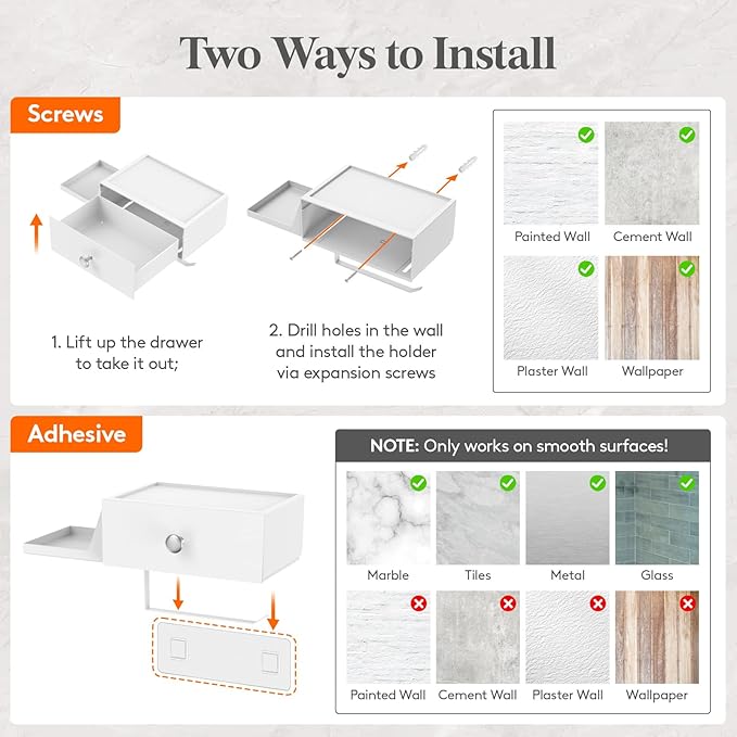 Lifewit Toilet Paper Holder with Shelf and Drawer, Screw or Adhesive Wall Mount Tissue Roll Storage, Dustproof & Flushable Bathroom Wipes Dispenser Organizer, White, 1 Pack