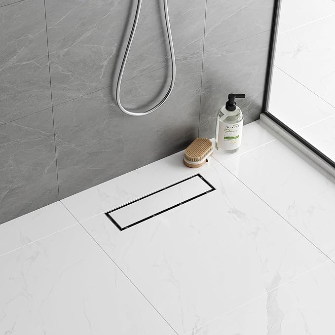 Neodrain 12-Inch Brushed Linear Shower Drain, 2-in-1 Flat & Tile Insert Cover, Stainless Steel Linear Drain, Brushed Rectangle Shower Floor Drain with Hair Strainer, Shower Drain Base