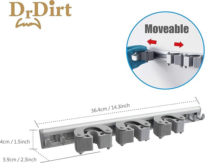 DrDirt Broom Holder Wall Mount – Heavy Duty Aluminum Mop and Broom Organizer with 3 Slots & 4 Hooks, Strong Wall Mounted Storage for Kitchen, Bathroom, Laundry Room, Garage, Closet