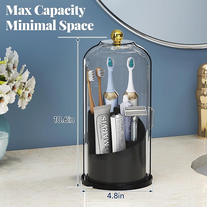 Delamu Covered Toothbrush Holder with 180° Dustproof Sliding Lid, Toothbrush Organizer with 360° Smooth Rotating Base, 3 Slots Makeup Brush Organizer for Vanity, Black