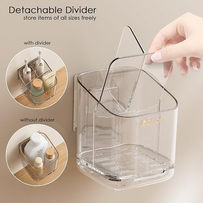 Toothbrush Holders for Bathroom - Detachable Divided Design, Drawer Drainage Tray, Adhesive Wall-Mounted/Countertop Dual-Use, Large Capacity Organizer for Bathroom/Kitchen/Office, Easy Install (Clear)