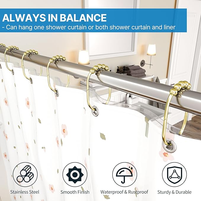 12PCS Wide Shower Curtain Hooks, Rust Proof Stainless Steel Shower Curtain Rings, Heavy Duty Shower Hooks for Shower Curtain Bathroom Curtain Hooks, Easy Glide Rollers, Set of 12, Gold
