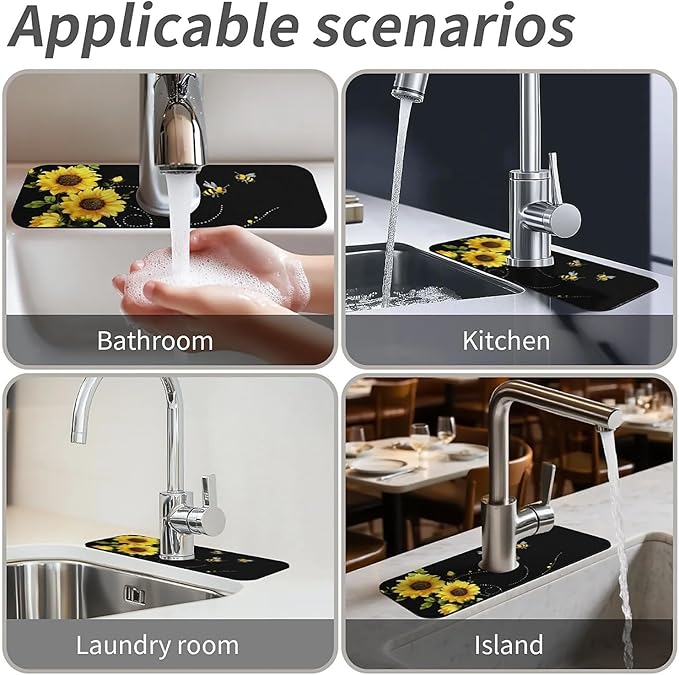 Kitchen Sink Splash Guard，sunflowers-and bees- Faucet Mat Sink Gadgets-Super Absorbent Fast Drying Mat Drip Catcher for Kitchen, Bathroom,Sink Mat, Dish Drying Mat, Bathroom(15" X 5.5" )