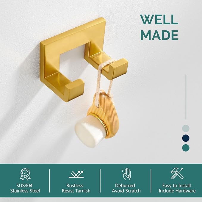 Angle Simple Towel Hook, SUS 304 Stainless Steel Wall Coat Hook, Bathroom Double Hand Towel Holder, Brassy Gold