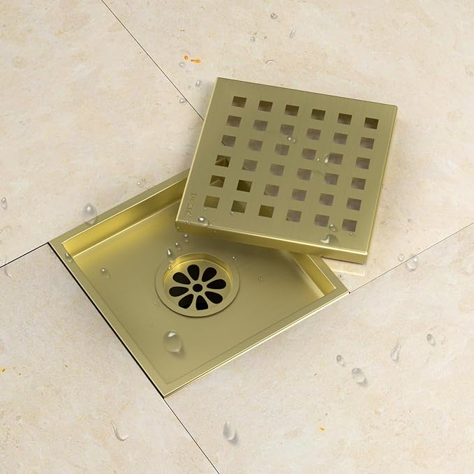 4 Inch Square Shower Drain, Shower Floor Drain with with Removable Square Hole Cover, 304 Stainless Steel Bathroom Drains with Flange (Brushed Bronze)