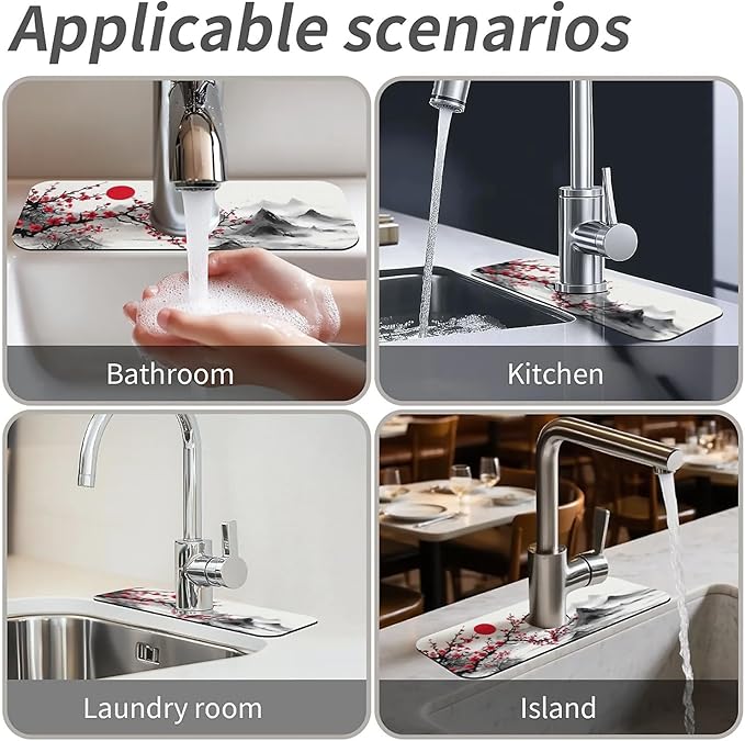 Kitchen Sink Splash Guard，Red plum blossoms Faucet Mat Sink Gadgets-Super Absorbent Fast Drying Mat Drip Catcher for Kitchen, Bathroom,Sink Mat, Dish Drying Mat, Bathroom(15" X 5.5" )