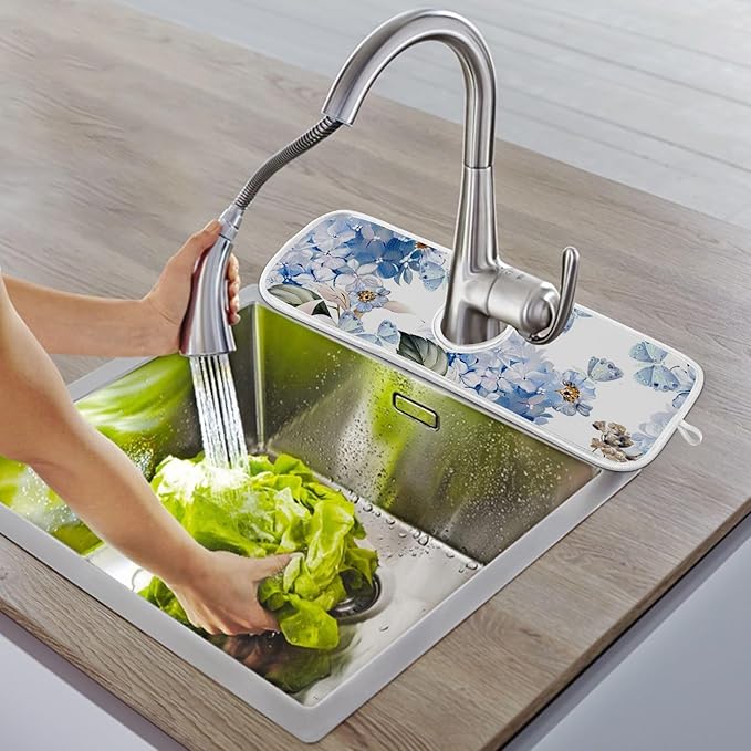 Sink Faucet Absorbing Mat Kitchen Sink Splash Guard Splash Faucet Drip Catcher for Bar RV Bathroom 2PCS 30x5.5in Watercolor Hydrangea Butterfly