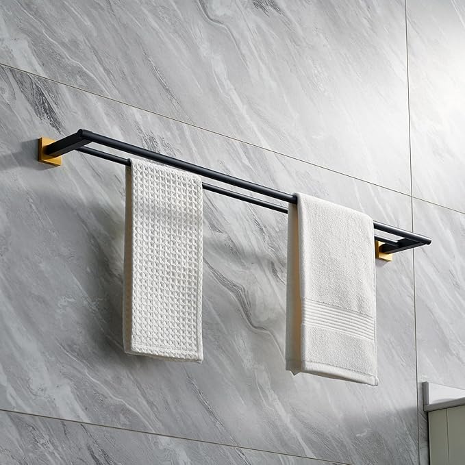 Miyili Double Bath Towel Bar Stainless Steel 36-Inch Hand Towel Rack for Bathroom Wall Mount Black & Gold, A02BG90B