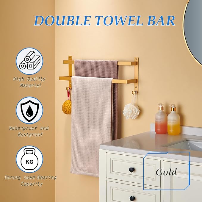 24 Inch Double Towel Bar for Bathroom with Hooks Stainless Steel Bath Towel Rack Wall Mounted Gold Finished