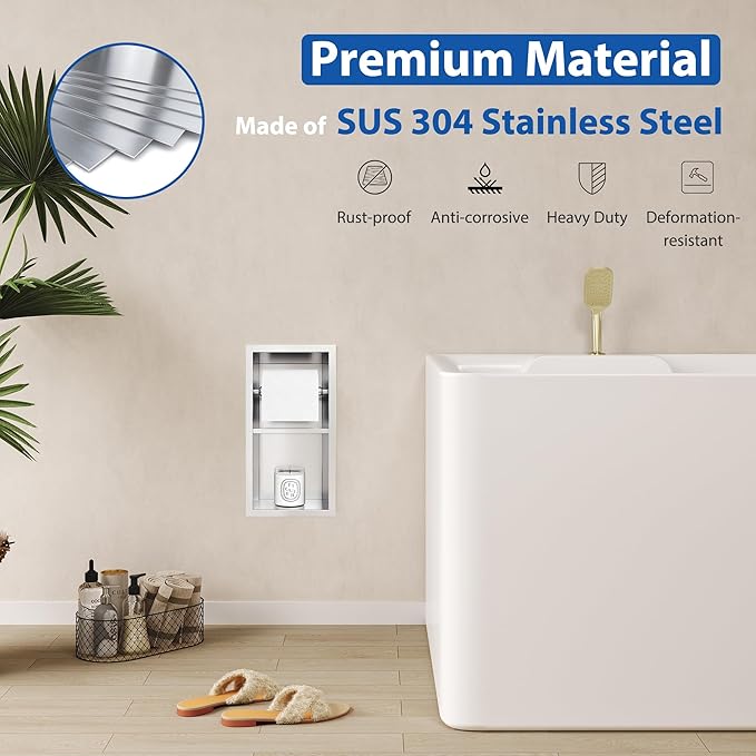 Recessed Toilet Paper Holder, 304 Stainless Steel Bathroom Toilet Paper Holder with Storage, in Wall Tissue Toilet Roll Holder, Brushed Nickel