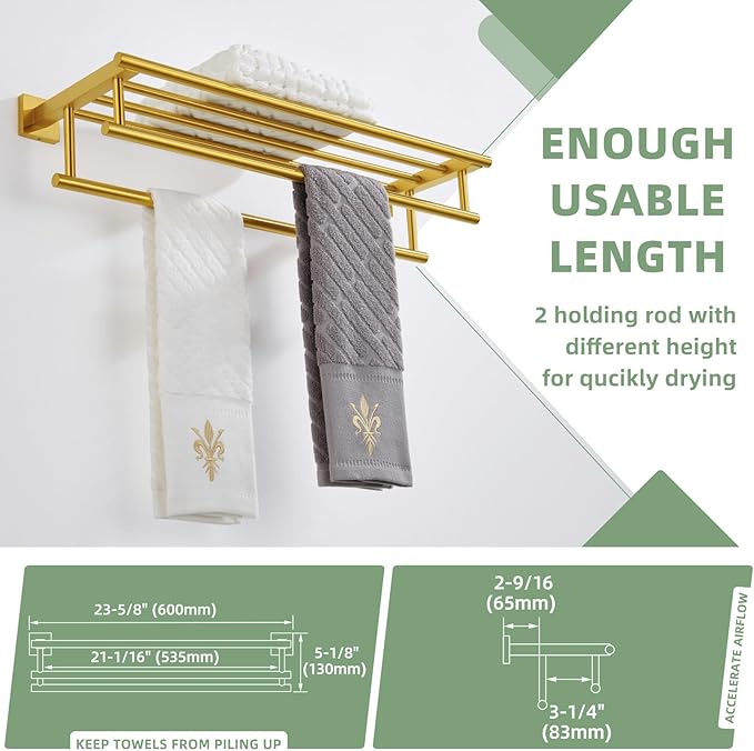Bathroom Towel Shelf with Holder, Angle Simple SUS304 Stainless Steel Bath Towel Rack with Double Towel Bar, Wall Mount, Brushed Gold 23.62 Inches