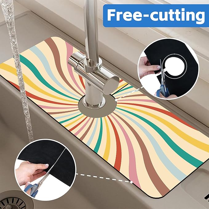 Groovy Retro Swirl Kitchen Sink Splash Guard Mat Absorbent Fast Drying Mat Faucet Draining Mat Sink Splash Guard Behind Faucet Drip Catcher for Kitchen Bathroom 5.5"×15"