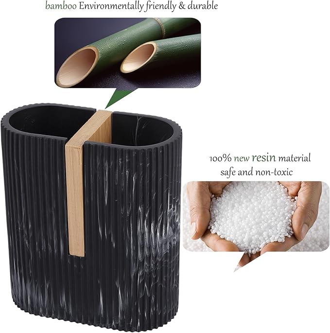 rejomiik Toothbrush Holders Electric Toothbrush Holder for Bathrooms, Bamboo Tooth Brushing and Toothpaste Storage Organizer for Sink, Countertop, Marble Black