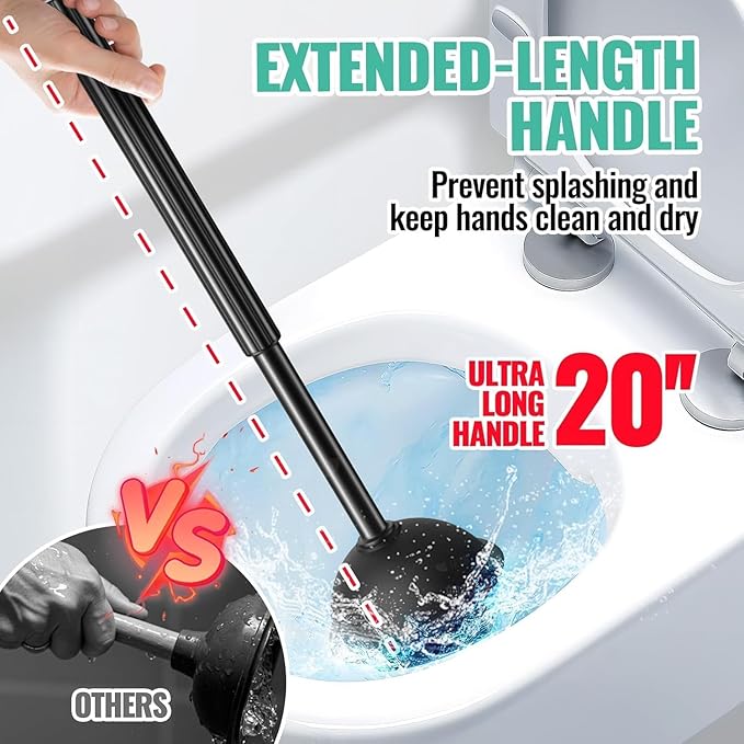 2 Pack 4 in 1 Toilet Brush and Plunger Set with Crevice Cleaning Brush, Toilet Plunger and Brush Set with Extra Long Handle, Plungers for Bathroom Accessories, Toilet Plunger with Holder, Black, Pack