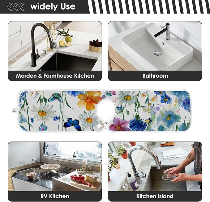 2 PCS Kitchen Sink Splash Guard 14.9 Inch Faucet Mat for Kitchen Sink Bathroom Sink Faucet Absorbing Drip Drain Mat Pad Microfiber Soft Washable Watercolor Blue Cornflower Daisy Butterflies
