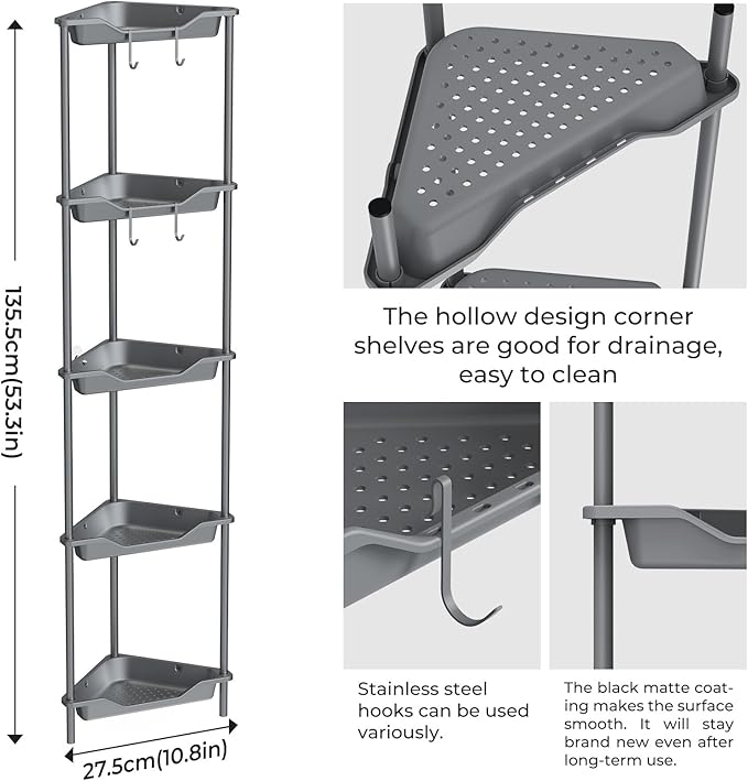 ODesign 5 Tier Floor Standing Corner Shower Caddy Organizer, Plastic Metal Floor Corner Shelf Storage Rack for Bathroom Grey - Rustproof