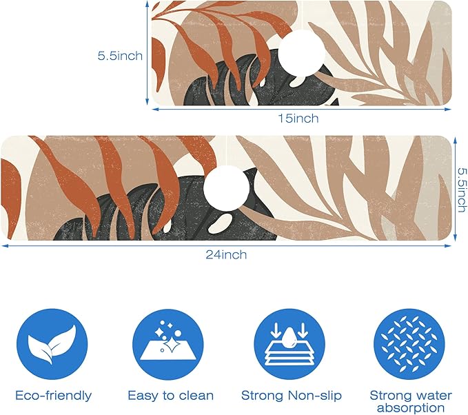 Mid Century Boho Leaves Kitchen Sink Splash Guard Absorbent Fast Drying Mat Faucet Draining Guard Behind Faucet Drip Catcher for Kitchen Bathroom 5.5"15"