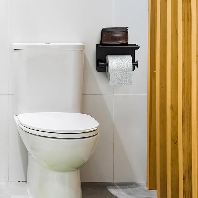 Matte Black Toilet Paper Holder with Shelf, SUS304 Stainless Steel Wall Mounted, Dual Installation Adhesive or Screw, Rustproof Modern Bathroom Tissue Roll Holder - 2 Pack