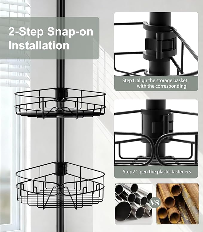 Corner Shower Caddy Tension Pole, Sturdy Rust-Resistant Shower Corner Shelf Organizer, Shower Organizer Corner Universal Fit for Any Bathroom Height