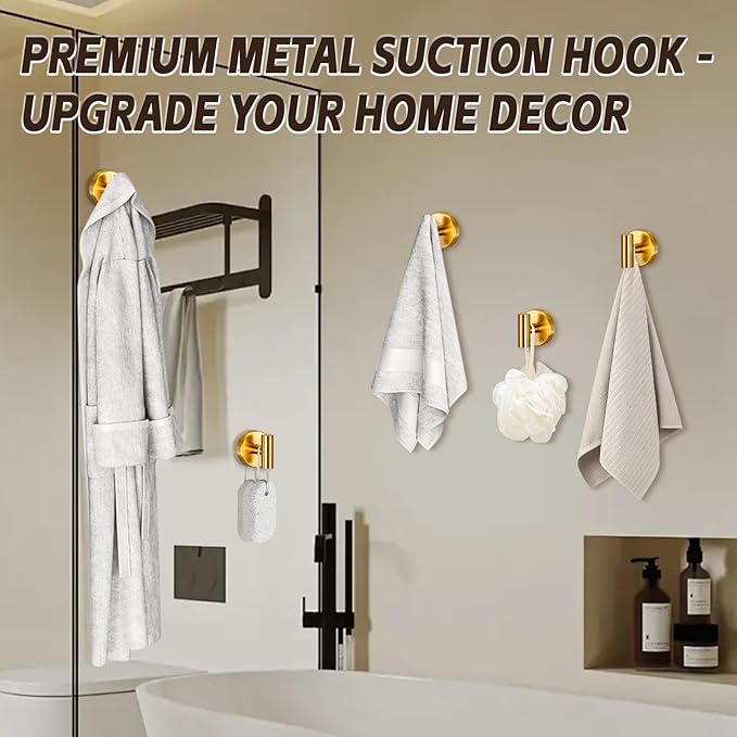 Reusable Heavy Duty Suction Cup Hooks for Kitchen/Bathroom/Shower - Wet-Proof Hooks for Towels, Robes, Loofah&Wreaths/No Drill Mounting on Glass, Tile, (2, Brushed Gold)