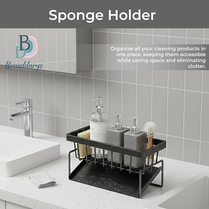 Black Stainless Steel Sponge Holder for Kitchen Sink with Rotating Drain Spout and High Brush Holder — Stainless Steel Sink Organizer for Sponges, Brushes, Soap and Bottles, Includes 2 Bear Sponges