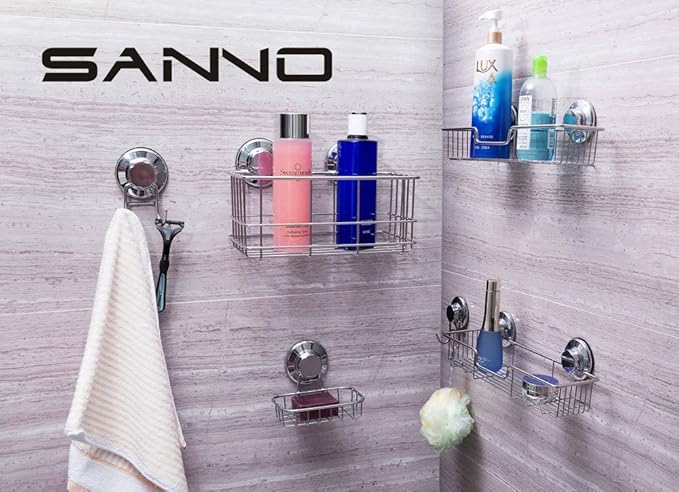 SANNO Powerful Vacuum Suction Cup Hooks for Shower Flat Smooth Wall Surface Towel Robe Bathroom Kitchen Shower Bath Coat,NeverRust Stainless Steel Black (4 Pack)
