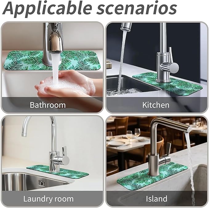 Kitchen Sink Splash Guard，Green palm leaves Faucet Mat Sink Gadgets-Super Absorbent Fast Drying Mat Drip Catcher for Kitchen, Bathroom,Sink Mat, Dish Drying Mat, Bathroom(15" X 5.5" )