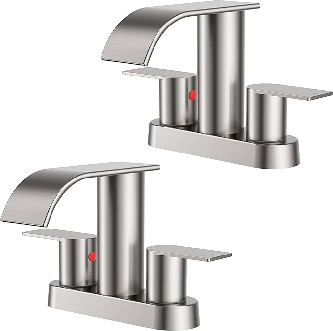 FORIOUS Brushed Nickel Bathroom Sink Faucet, Waterfall 4 Inch Centerset Bathroom Faucets with Metal Pop up Drain and cUPC Hose for Basin, Vanity, RV, Pedestal 2 or 3 Hole Sink, 2 Pack